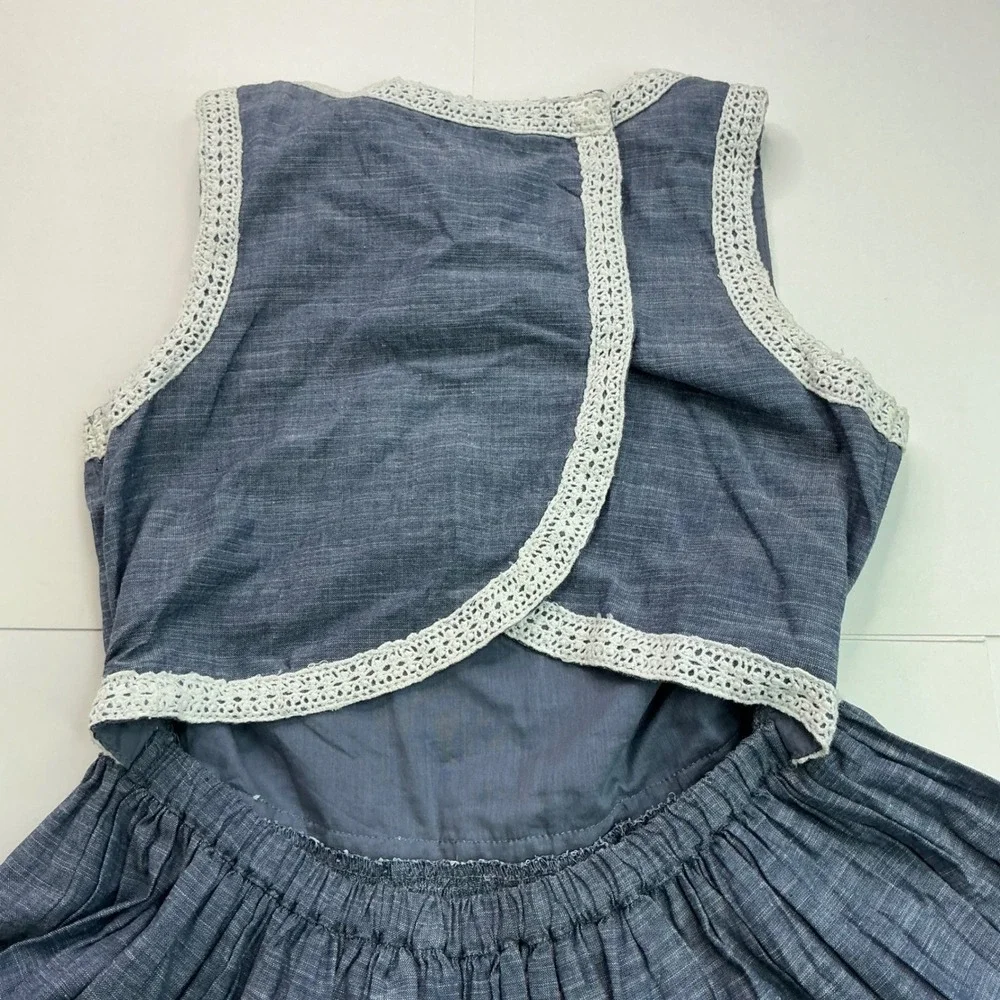 Kaisely Blue Chambray Lace Trim Open Back Dress Kids Size 10 Cottagecore Boho